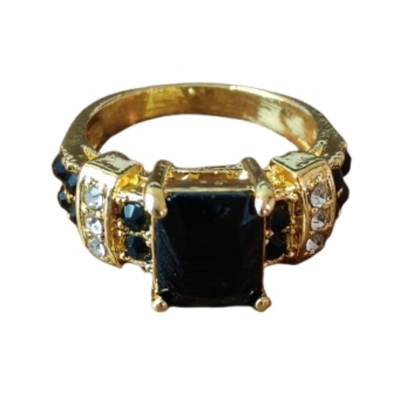 Fashion Jewelry Jewelry - Vintage Glam Gold Tone Black Emerald Cut Rhinestone Cocktail Statement Ring 9